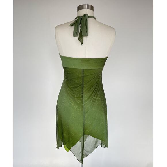 Y2K Green Sparkly Fairy Mini Halter Dress / Sz S / Trixxi / Whimsigoth Babydoll - Picture 3 of 10